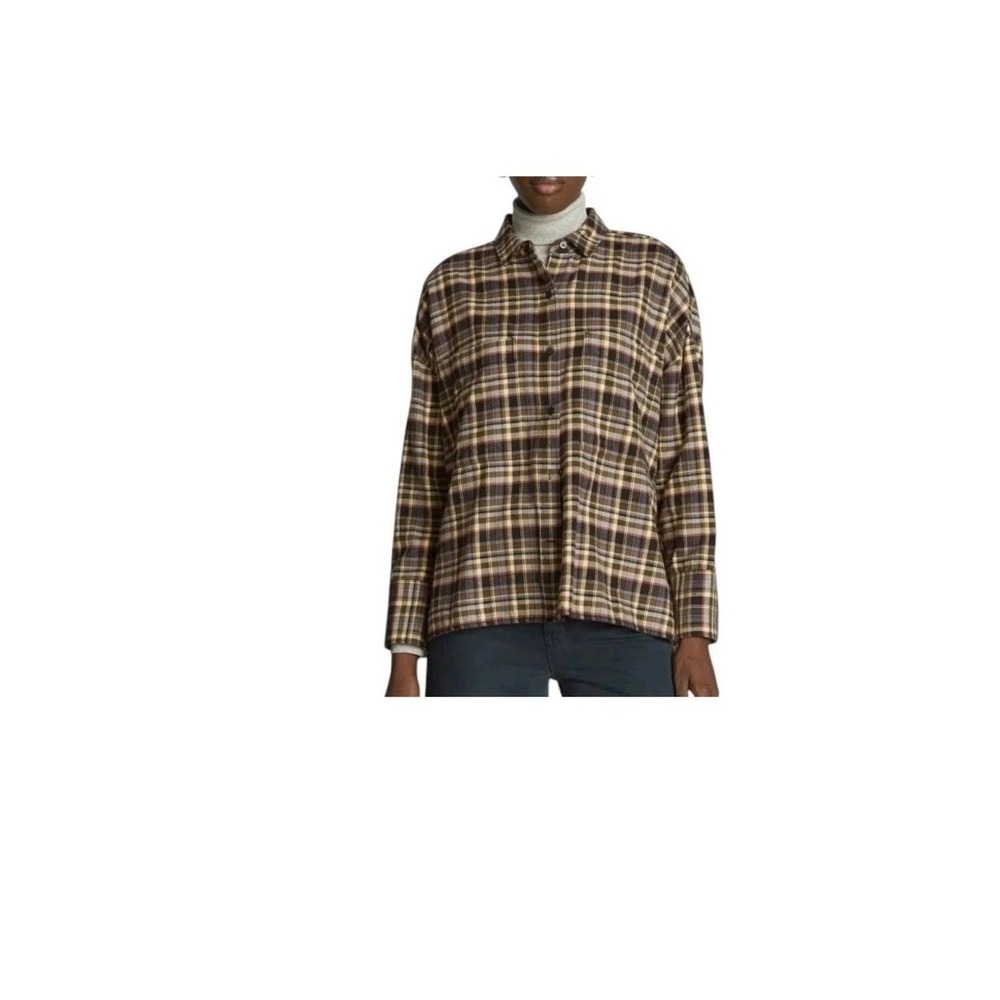 Everlane‎ Womens Boxy Flannel Shirt Beech Plaid Brown Cotton Button Up Size M